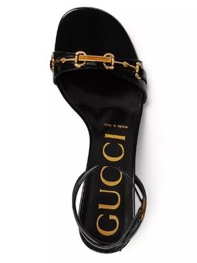 Gucci Horsebit Black Patent Leather Ankle Strap Flat Sandals